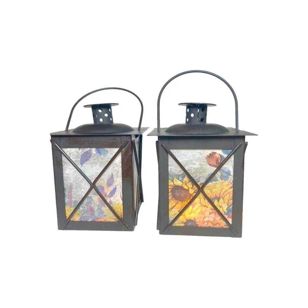 Artisan Crafted Metal Lantern Decoupaged with Sunflowers Set of 2 One of a Kind